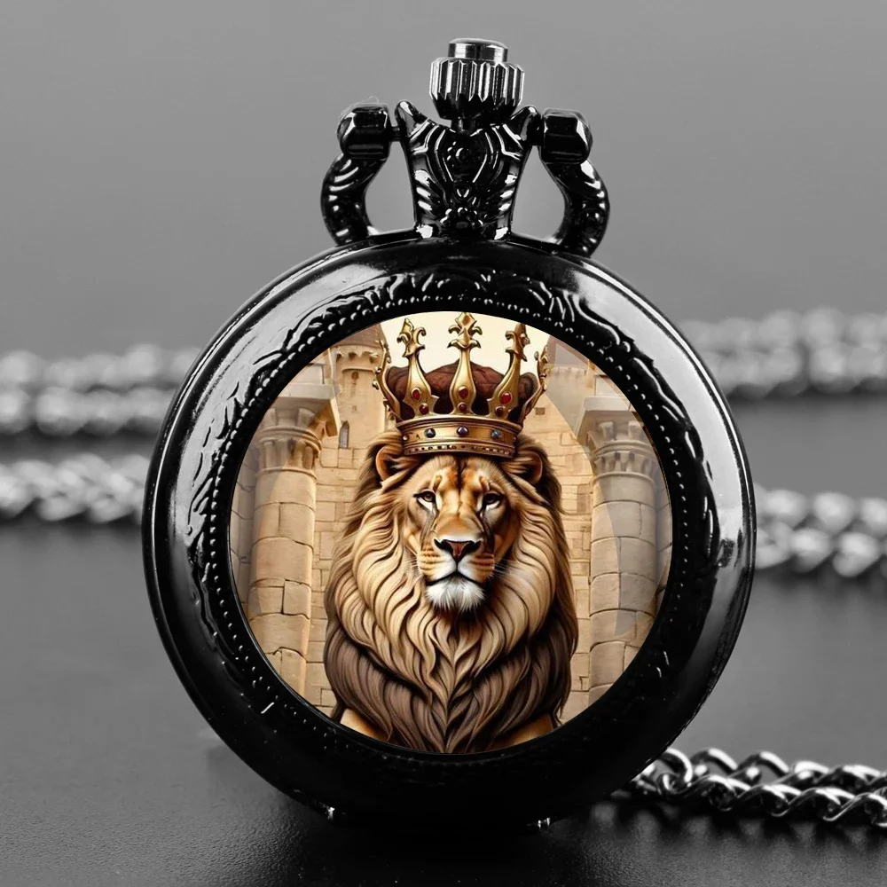 

Lion King Glass Dome Quartz Pocket Watch With Durable Chain Arabic Numeral Dial Extraordinary Gifts for Men Kids