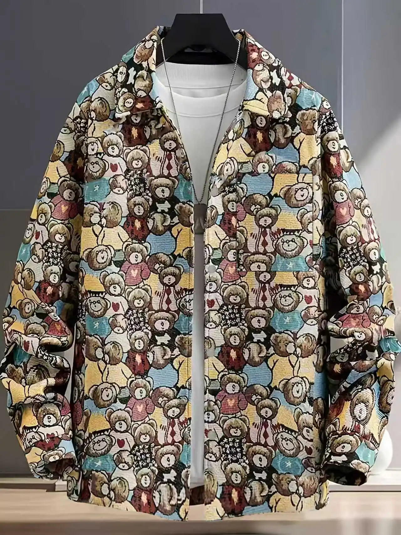 

Men's Retro Bear Jacquard Long Sleeve Jacket for Spring and Autumn, Trendy and Versatile Casual Outerwear