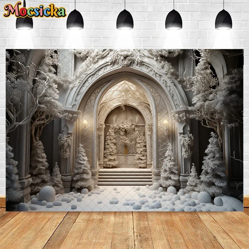 Fondo de puerta de castillo de Navidad para niños y adultos, decoración de copo de nieve, árbol de Navidad blanco, cartel de fondo de foto de retrato