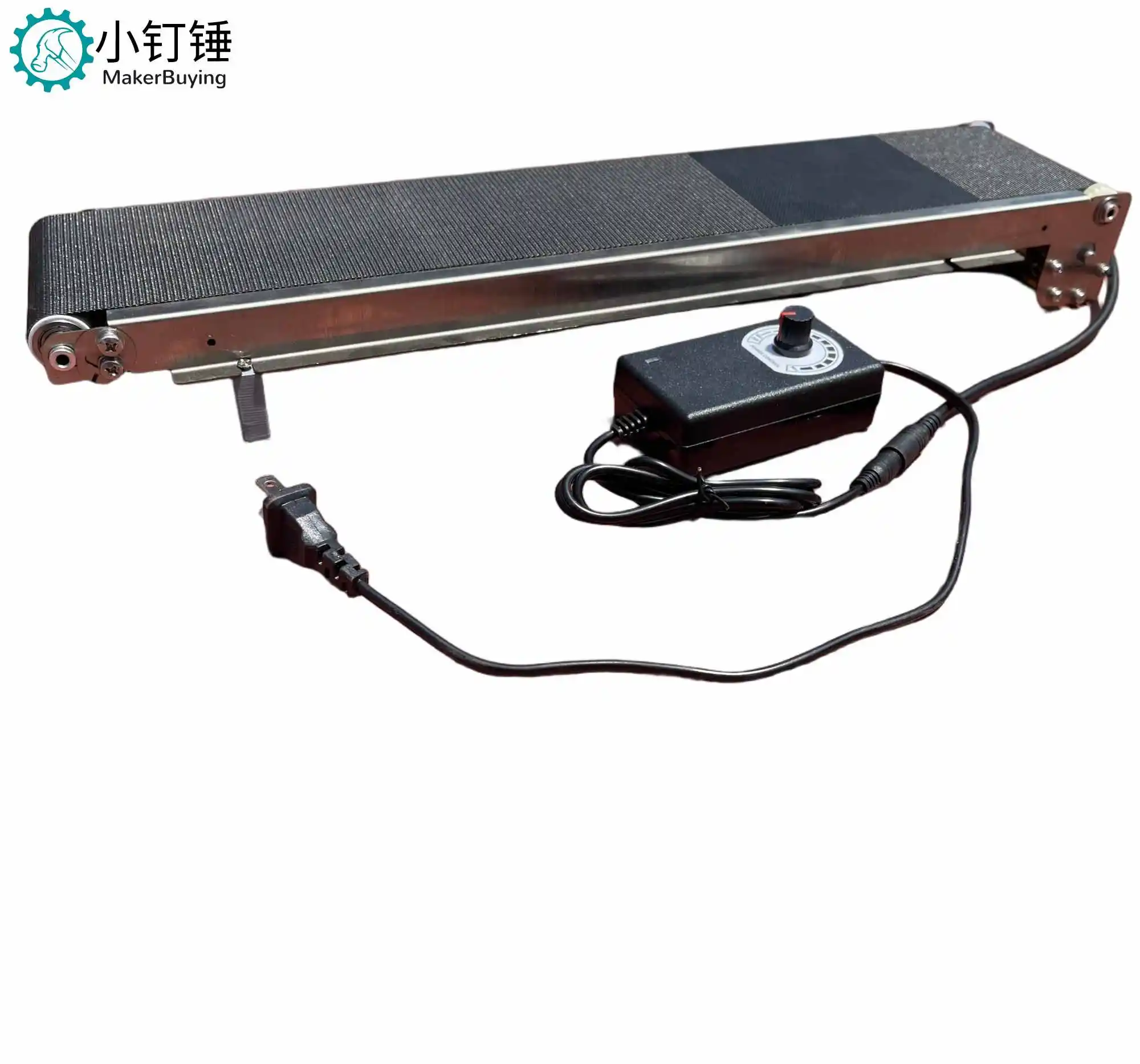 Mały stołowy przenośny automat vendingowy z taśmą transportową ze stali nierdzewnej, tor transportowy 24V z regulacją prędkości, wykonany z poliuretanu PU spożywczego.