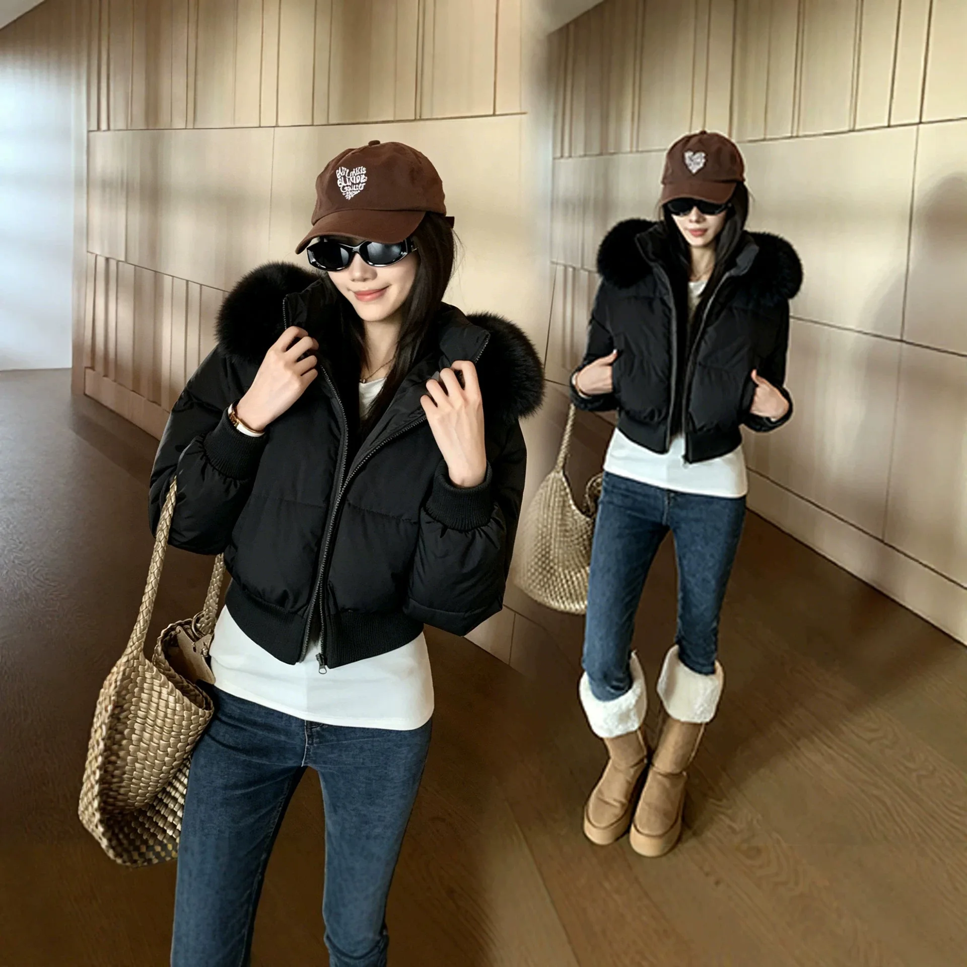 Winter Women Fur Short Parkas Coat With Large Faux Fur Fashion Female Ribbed Hem Warm Outerwear Long Sleeve Casual Ladies Jacket