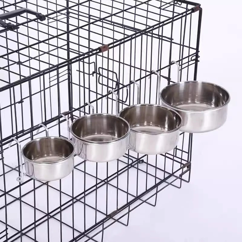 [E] Crate Dog Cat Bowl Stainless Steel Hanging Pet Cage Bowl Food Water Feeder Coop Cup For Cat Puppy Birds Rats 5 Sizes