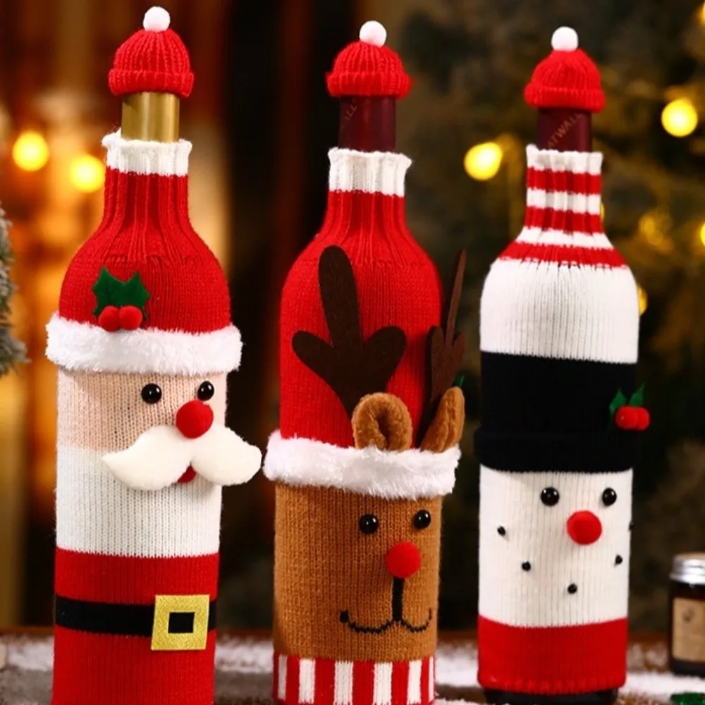 Knitted Wine Bottle Cover Elk Santa Claus Beer Bottle Cover with Mini Santa Hat Snowman Christmas Knitted Bottle Cover