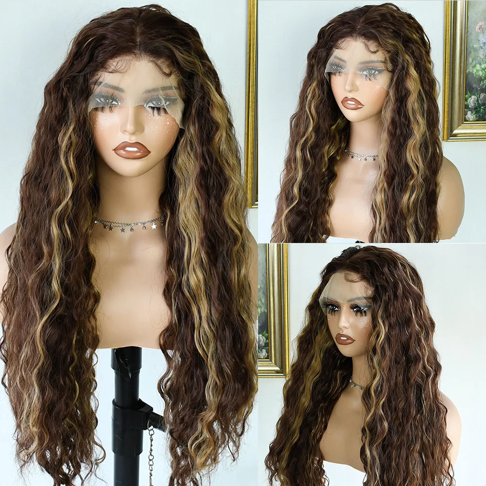 30 بوصة مجعد تسليط الضوء على شعر مستعار أشقر 13x4 الدانتيل الجبهة فضفاض موجة عميقة شعر مستعار قبل قطعها الاصطناعية عالية الجودة الدانتيل شعر مستعار أمامي
