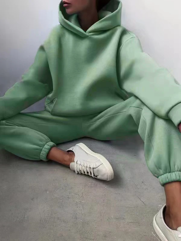 2026 Trend Lässige Mode Verdickter Langarm-Pullover und Hose Zweiteiliges Set mit Kappe für Damen – Detail 3