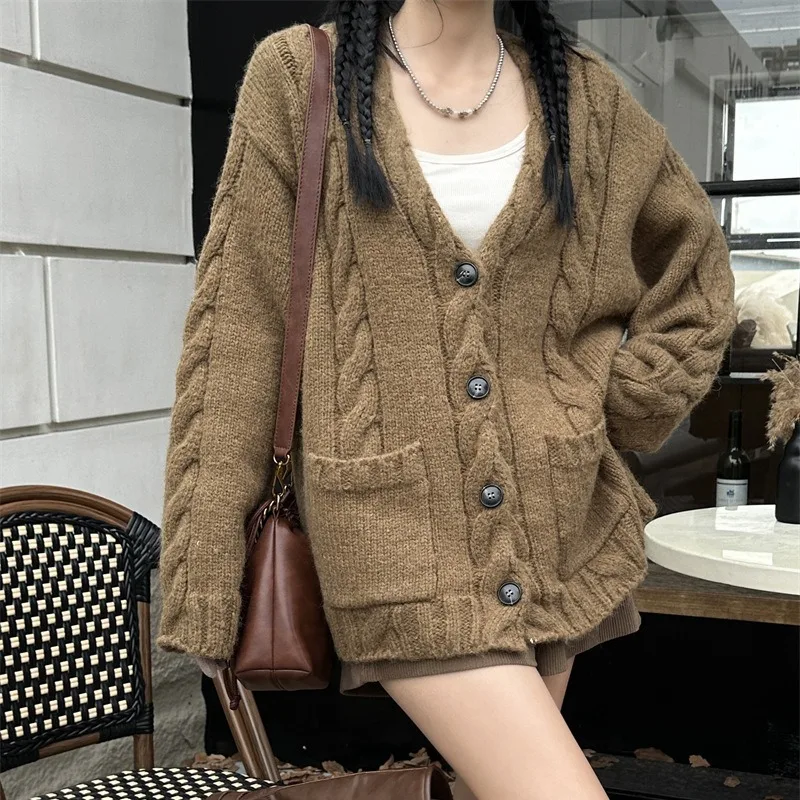 

Wool Knitted Cardigan Sweater Women Solid Jumper Button Pocket V Neck Long Sleeve Single Breasted Loose Casual Thick 2025 Autumn