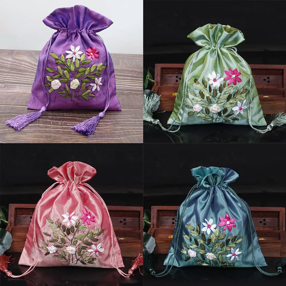 Silk Ribbon Embroidered Bag Sachet Drawstring Bags Small Handmade Gift Jewelry Packaging Storage Pocket Reusable Pouch