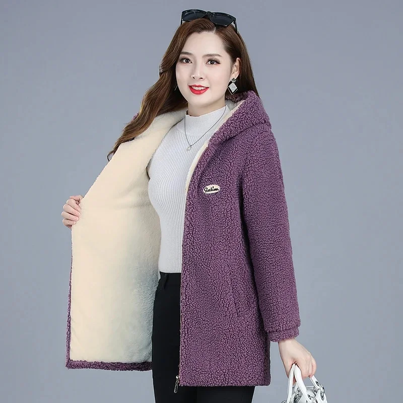 Lamb Wool Cotton Coat Jacket  Mid Length Winter Coat for Middle-aged and Elderly Women Thicken Warm Parka Coats Large Size