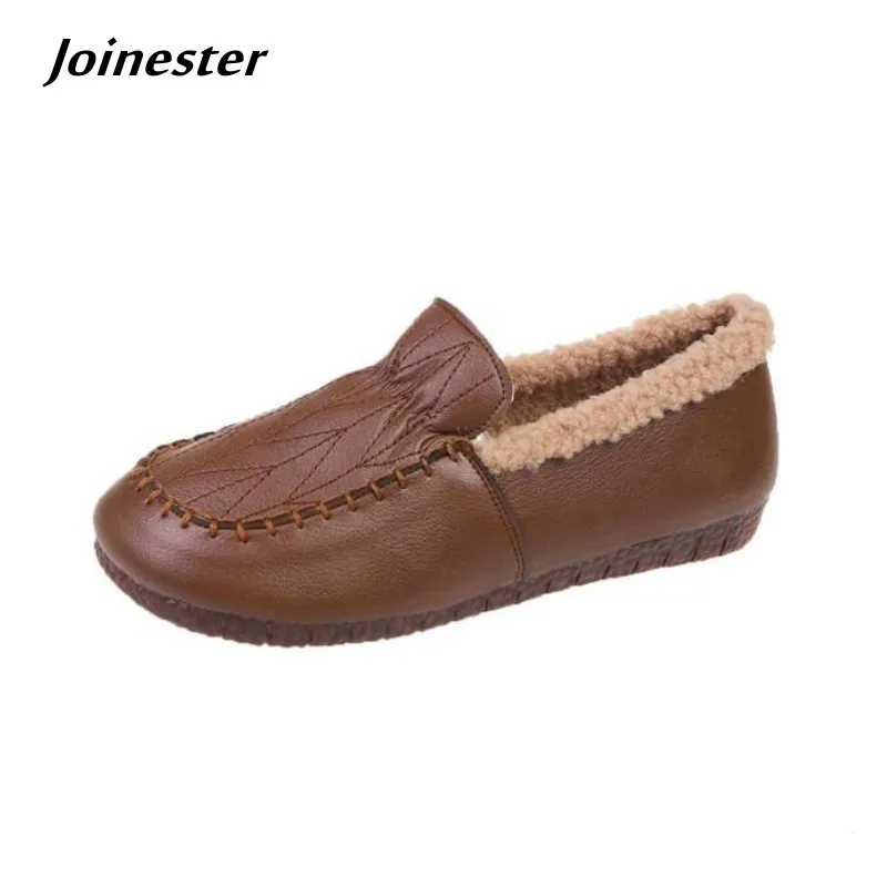 Women Winter PU Leather Fleece Lined Loafers Ladies Slip on Casual Flats Retro Pure Color Warm Comfort Moccasins for Mom