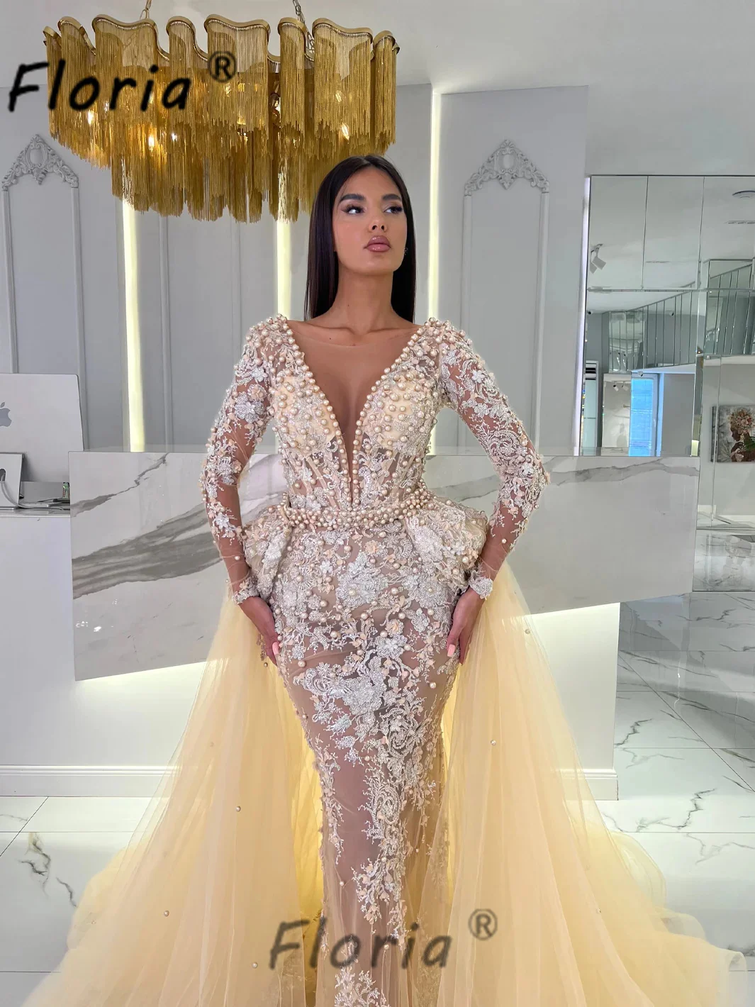 Elegant Champagne Tow Pcs Evening Dress with Overskirt Long Sleeve Peals Lace Wedding Formal Event Gowns robe de soirée New 2024