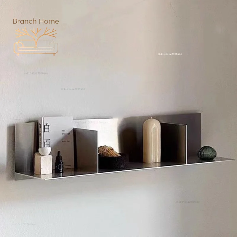 Light Luxury Style Minimalism Stainless Steel Storage Rack Small Living Room Wall-Mounted Bookshelf Vase General Cargo Storage