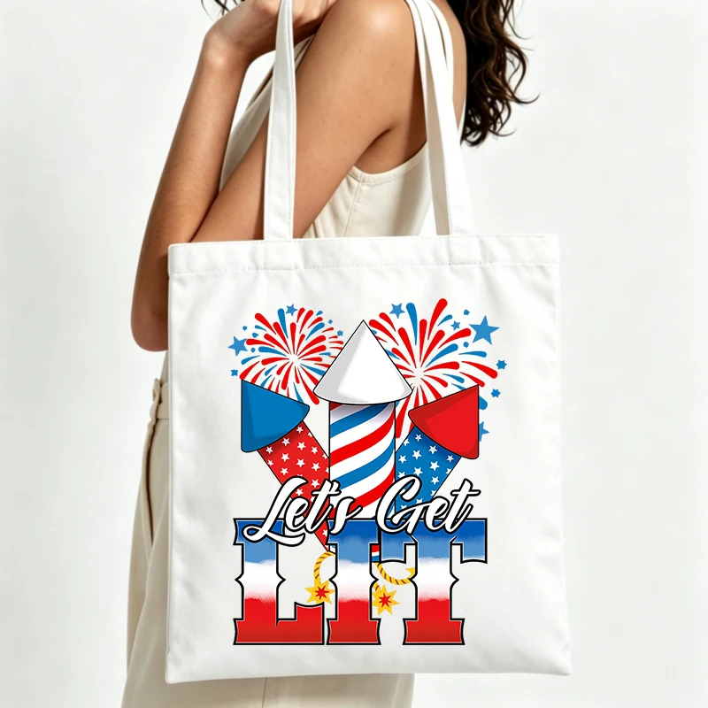 4th of July fireworks graphic canvas tote bag, casual style for summer celebrations and daily outings