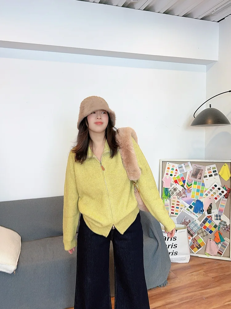 

Женский вязаный кардиган большого размера с кружевным воротником на молнии, осенне-зимний, новый, повседневный, удобный, для носки поверх одежды...