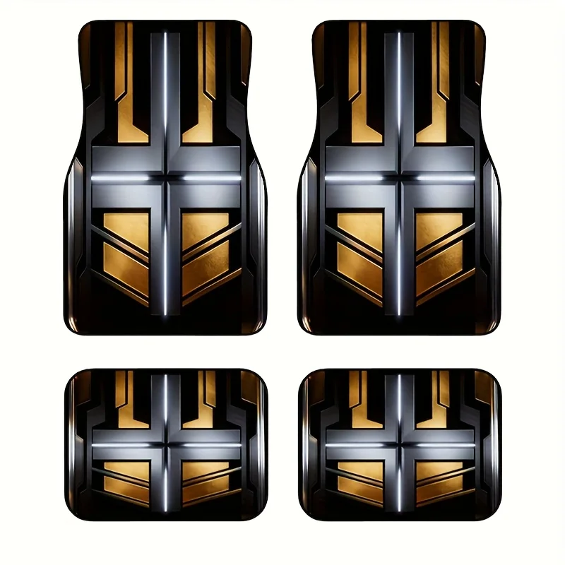 4pcs Black Golden Cross Mecha Style Car Floor Mats | Durable, Non-Slip, Universal Fit For Cars, Trucks, And SUVs - Perfect Gift
