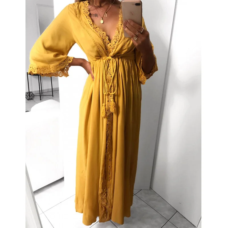 Sanderala Womens Long Robe Homewear Soft Hollow Lace Tie Up Waist Slim Casual Long Loose Robedress Maxi V Neck Bathdress Festa