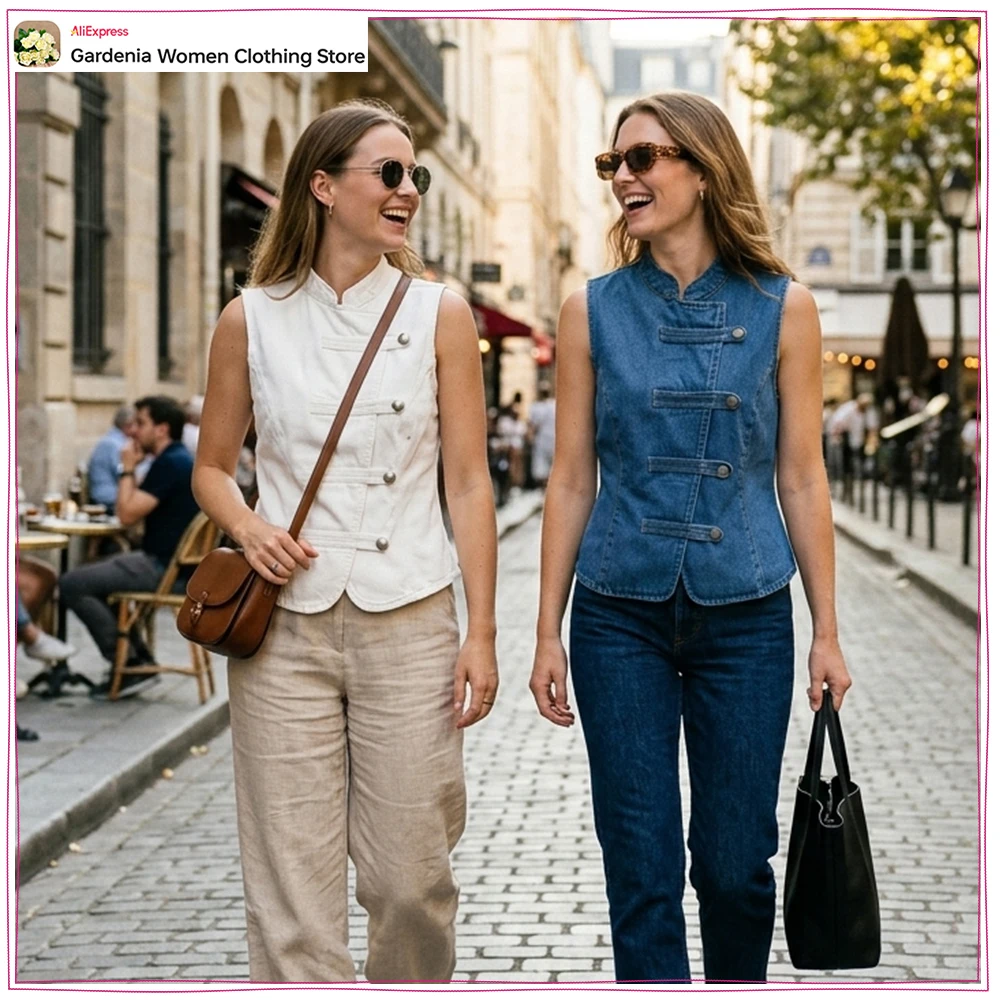 

Elegant Fashion Frog Clasp Denim Tops for Women New in Stylish Round Neck Sleeveless Cowgirls Tops with Crossover Button Closure