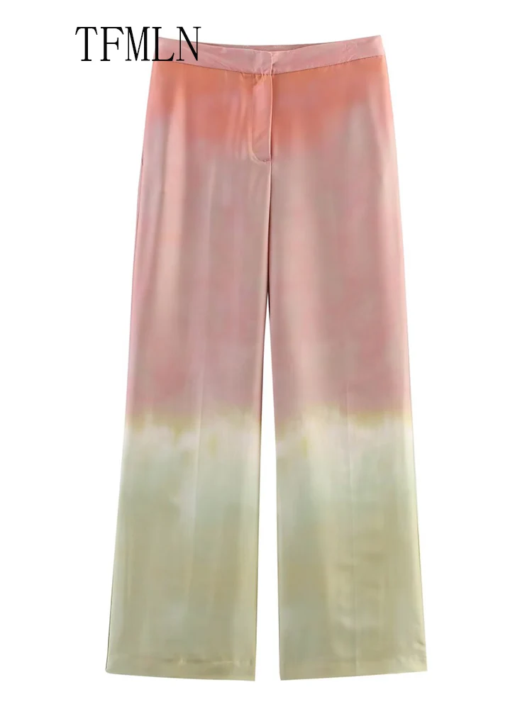 TFMLN 2025 Summer Sweet Women Tie Dye Top Pant Suit Fashion Sleeveless V-neck Lace Up Top Zipper Straight Pant Causal Outfits