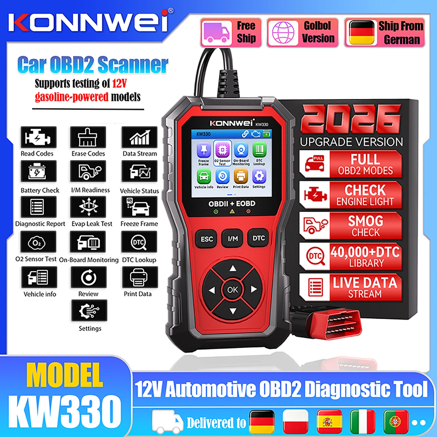 Image of KONNWEI KW330 OBD2 Scanner Auto-Diagnosegerät EOBD Codeleser Motorfehlercode-Löschgerät Batterieprüfung Fahrzeug OBD 2 Diagnose-Scanner