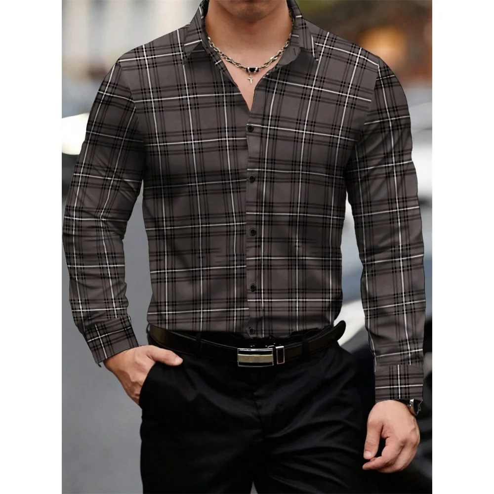

Men's Line Print Plaid Long-Sleeved Shirtelegant Casual Casual Lapel Fashionable and Trendy Men's Versatile Shirts Lapel Tops