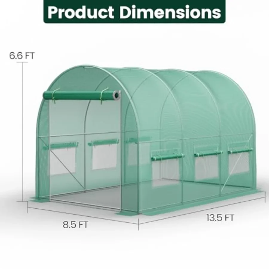 Greenhouse, 13'×8'×7' Walk-in Greenhouses for Outdoors, Large Plant Hoop Green House with 6 Ventilated Mesh Windows, Green Hous