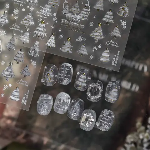 Nouveaux autocollants pour ongles de Noël, doux et pleins de vitalité, or et argent, autocollants pour ongles en cristal 5D, lignes de diamants, décoration d'arbre de Noël pour ongles