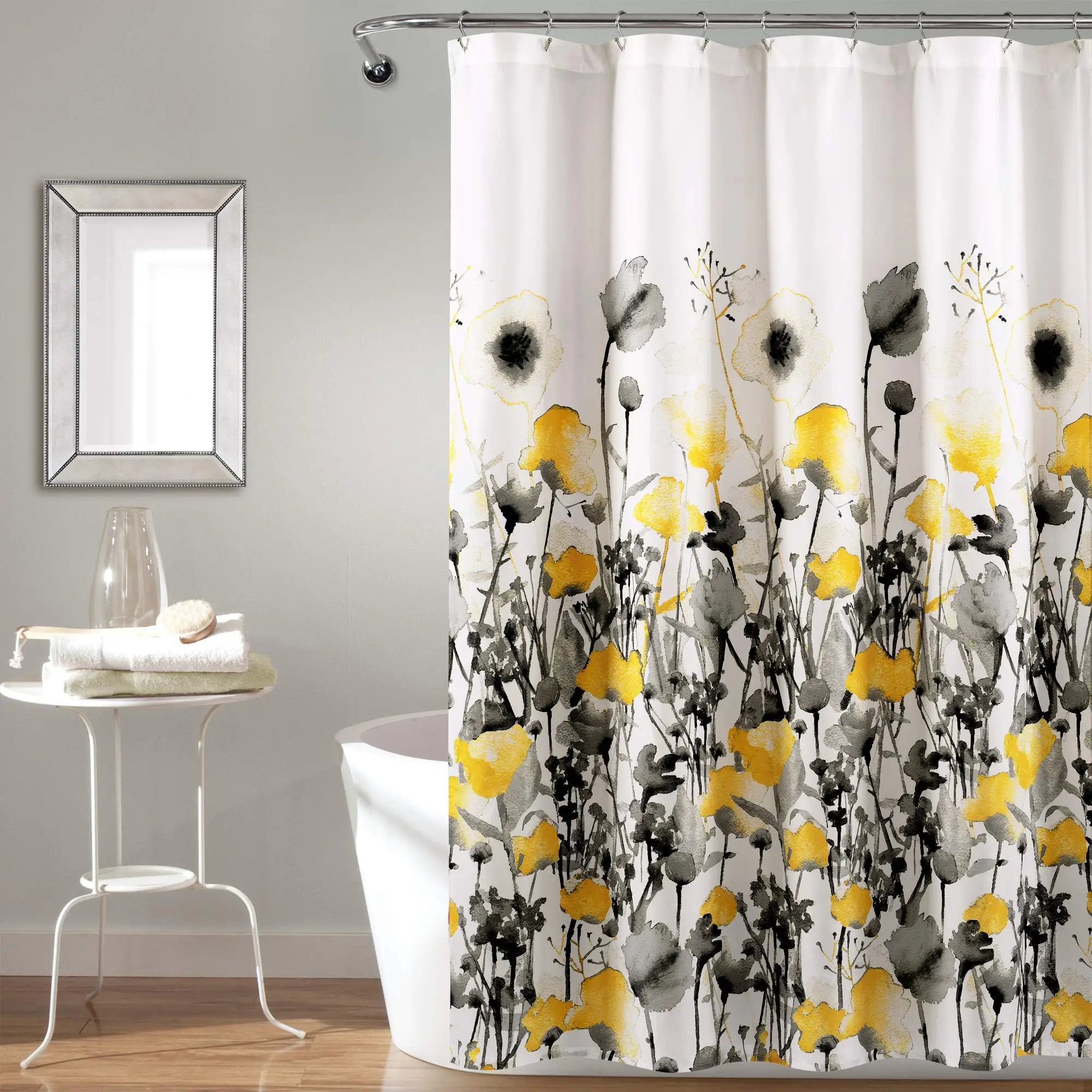 Yellow and Gray Zuri Floral Shower Curtain,Fabric Watercolor flower Print Design Shower Curtains for bathroom,Botanical bath set