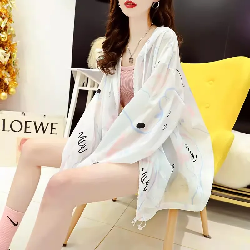 2025 Women's White Long Sleeved Sun Protection Clothing Summer New Versatile Mid to Long Versatile Cardigan Hooded Thin Jacket