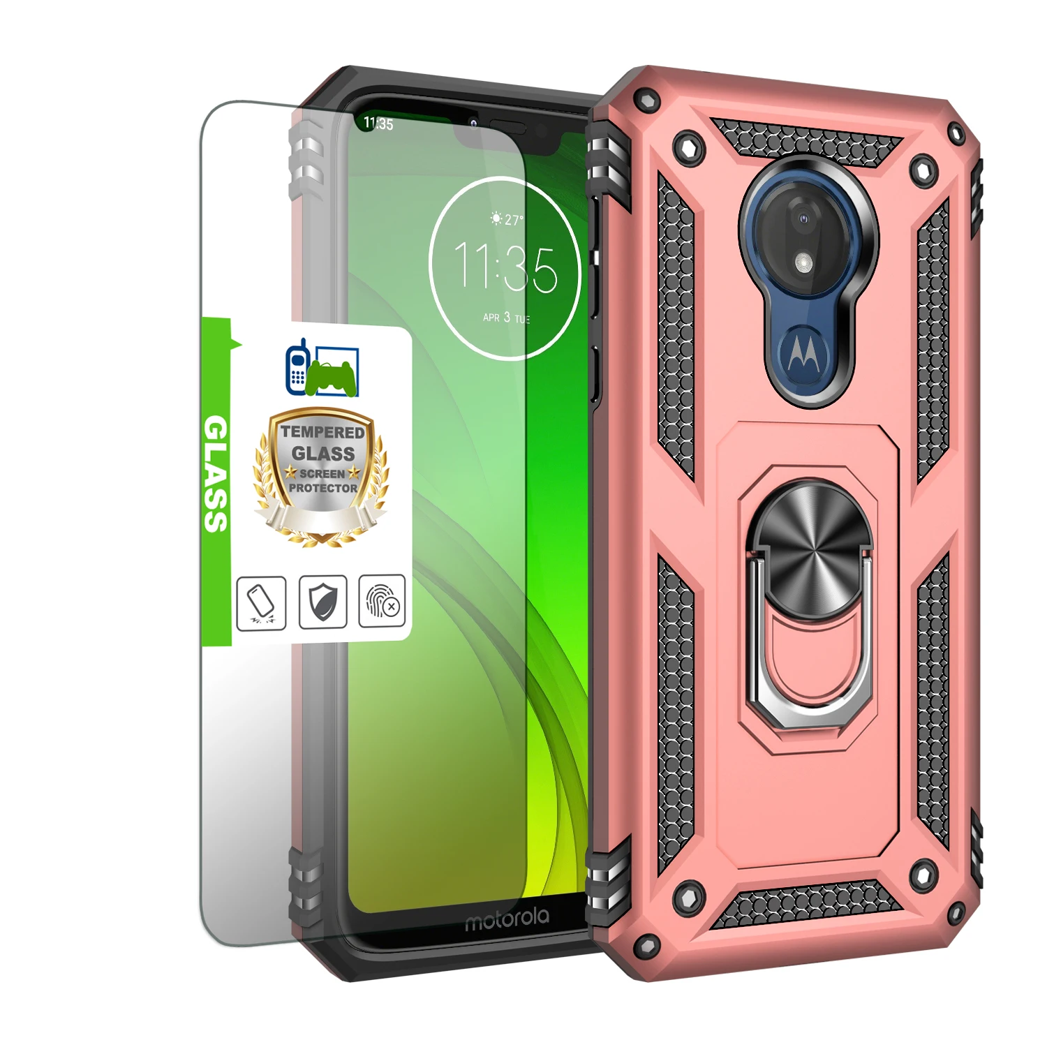 For Motorola Moto G7 Power/Supra/Z4/Z4 Play Military Grade Armor Case Magnetic Ring Stand Holder Shockproof Cover+Tempered Glass