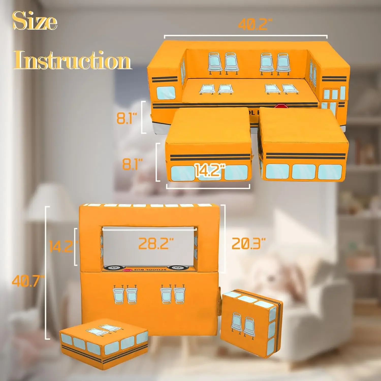 Couch Sofa, Modular Toddler Couch, Convertible Kids Couch, School Bus-Themed Modular Sofa for Boys and Girls, Sofa Bed for