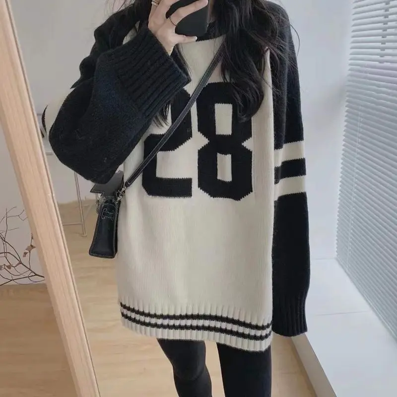 Women Trendy Vintage Contrast Color Preppy Style Oversize Knitted Sweater Y2K Streetwear Casual O Neck Long Sleeve Pullover Tops