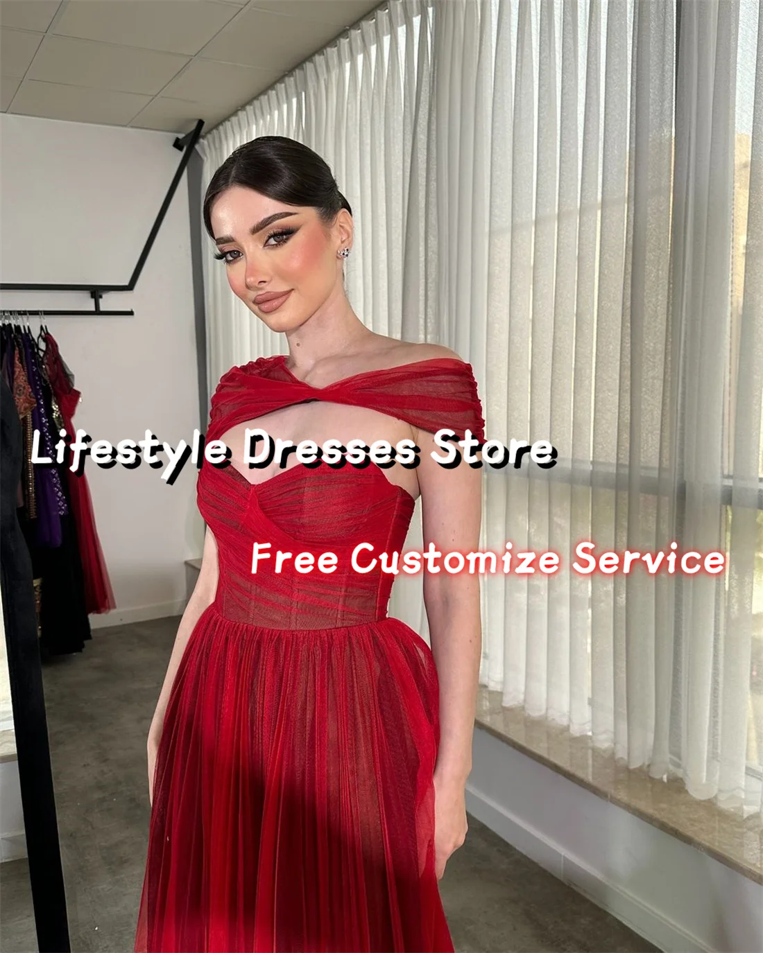 Customized Red Tulle Prom Dresses A-Line Sleeveless Sweetheart Graduation Dresses 2024 Women Elegant Formal Dress With Cape