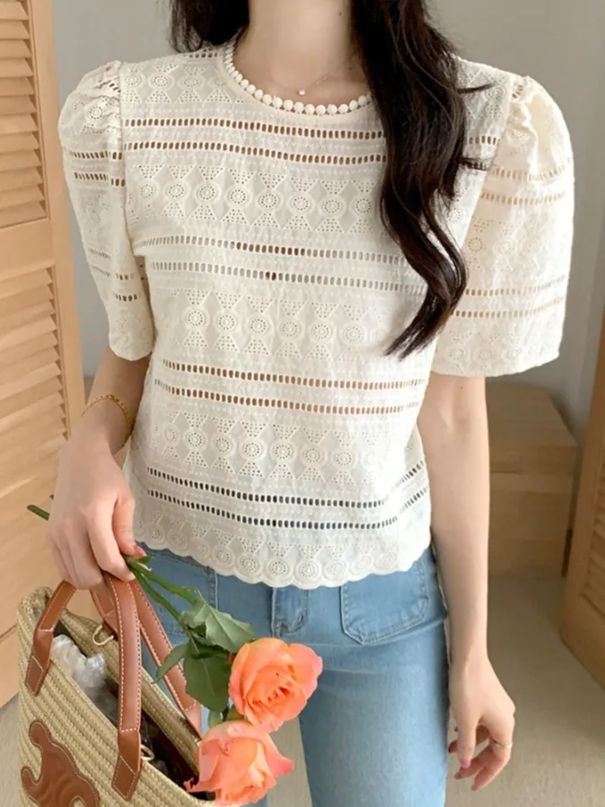 

Кружевной ажурный прозрачный прямой топ-труба Bubble Sve round Ne Loose Women's irt Chic Sweet Young Looking