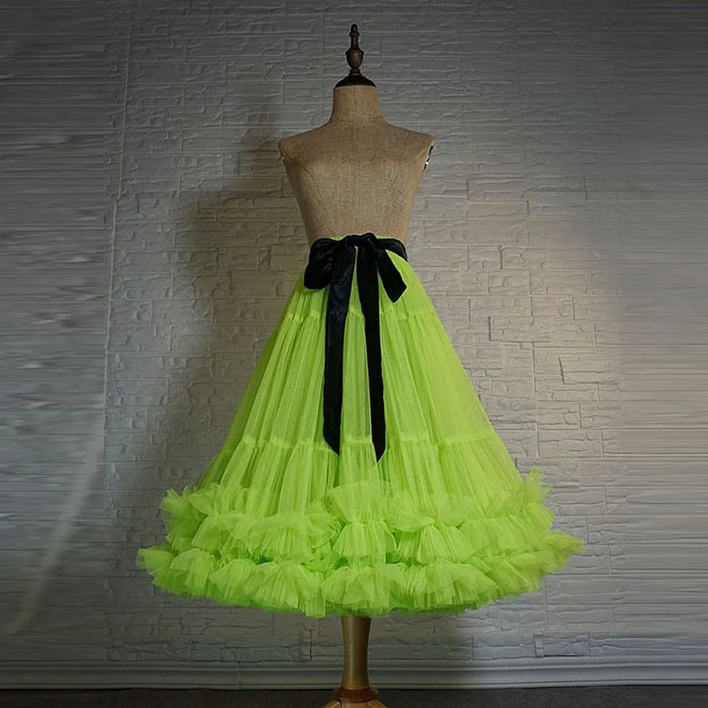

Green Midi Calf Tulle Skirts For Women With Bow Sash Costumes For Stage Tulle Bridal Petticoat Princess Underskirt