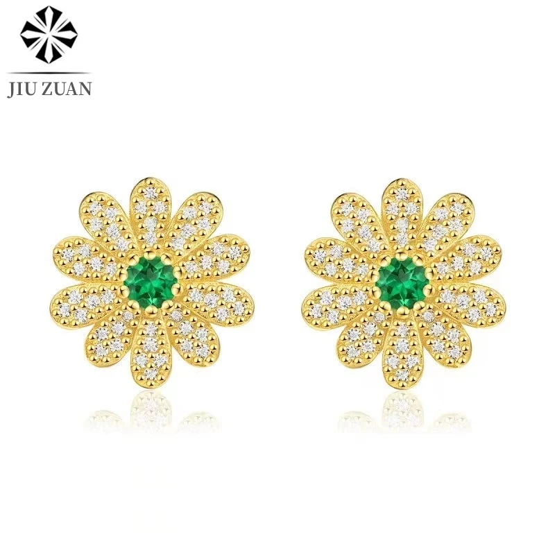 

JIU ZUAN Moissanite Emerald Gemstone Earring Stud Sun Flower Vintage 100% 925 Sterling Silver Square Cut Created Fine Jewelry