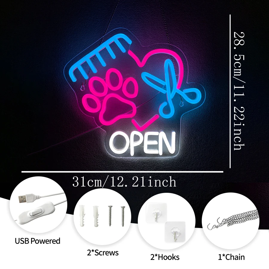 Pet Store Open Led Neon Sign, Used For Wall Decor, Colorful Pet Beauty Salon Studio, Pet Hospital Wall Lamp, Easy To Hang.