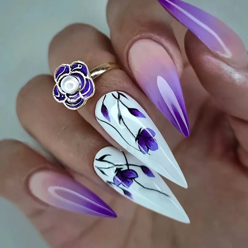 3D fake nails set For Summer season gradient purple flowers glossy french long tips faux ongles press on acrylic false nails