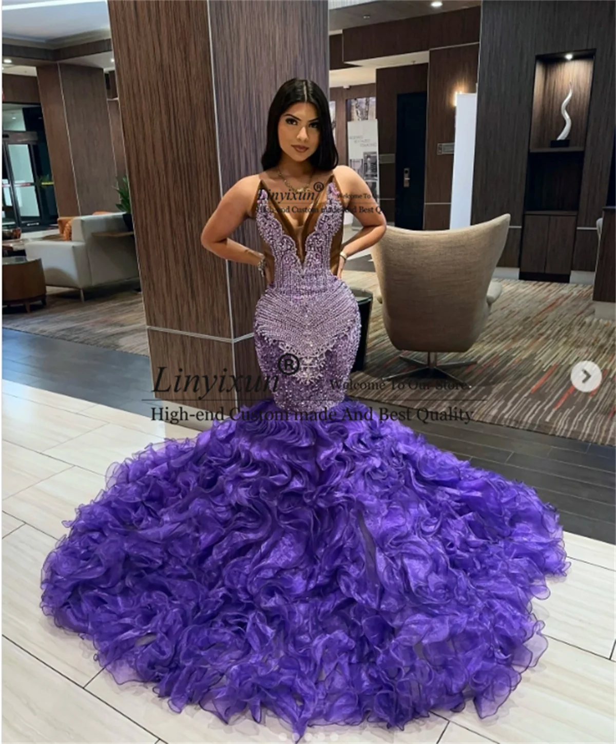 Stunning Diamonds Beaded Mermaid Prom Dresses Luxury Rhinestones Ruffles Birthday Evening Party Gown Customized robes de soirée