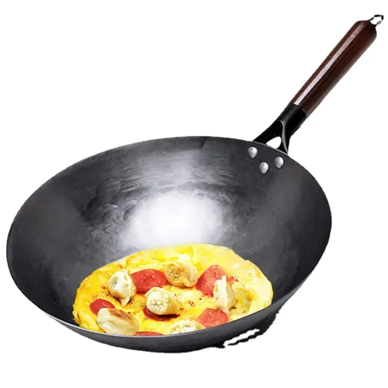 

Traditional iron wok,Non-coating Woks Hand forged For Kitchen PanWooden Handle Wok Kitchen Gas Pot Cookware