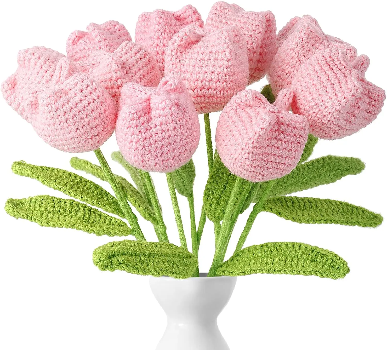 

Вязаный крючком розовый букет тюльпанов ручной работы, 12 шт. вязаные цветы ветка на День матери, Рождество, День благодарения, выпускной домашний декор