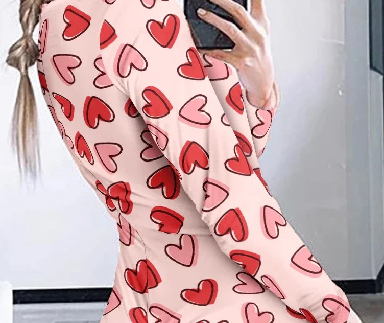 Valentine's Day Heart Pattern Button Front Long Sleeve Rompers Onesie Women Spring Summer Pajamas