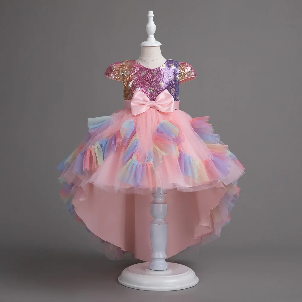 Girls Princess Dress Sequins Rainbow Tulle Evening Kids Costume For Birthday Pageant Prom Gown