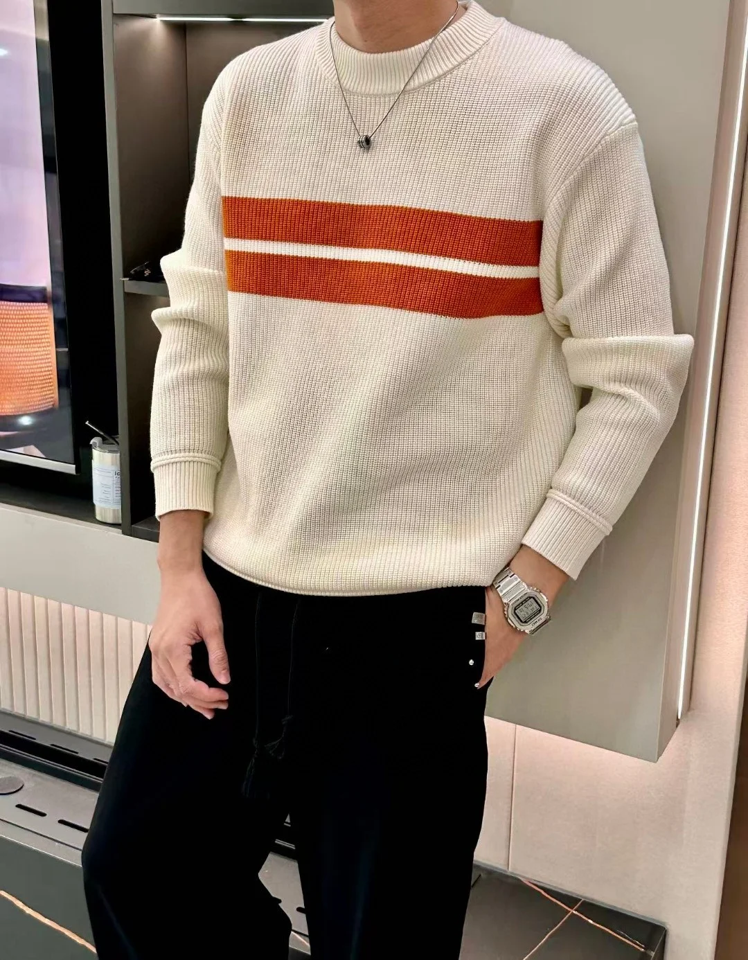 

Italian Sle Men's Knitted Sweater round Ne Thiened Wool Stripe Design Faionable Autumn Winter New Arrival Casual Wear