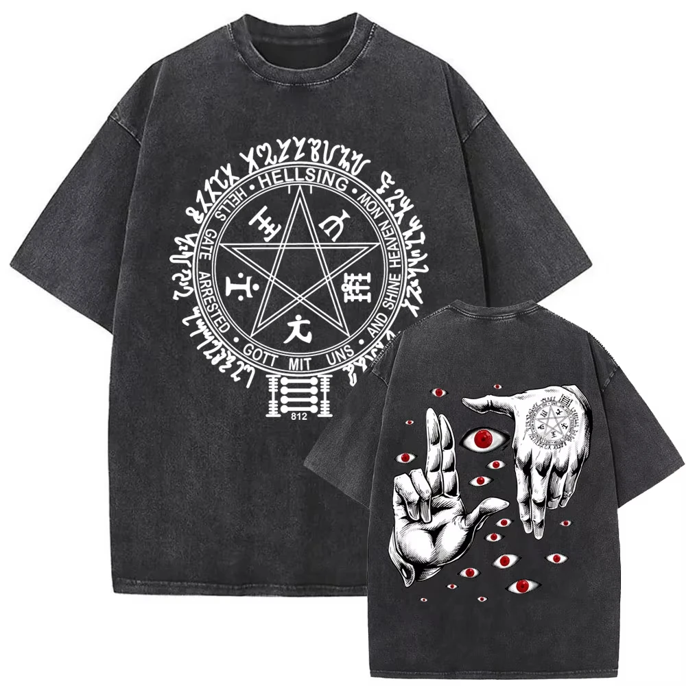 غسلها خمر أنيمي Hellsing أبراهام فان هيلسينج مصاص دماء Alucard مزدوجة الوجهين طباعة تي شيرت الرجال 90s مانغا المتضخم تي شيرت #2