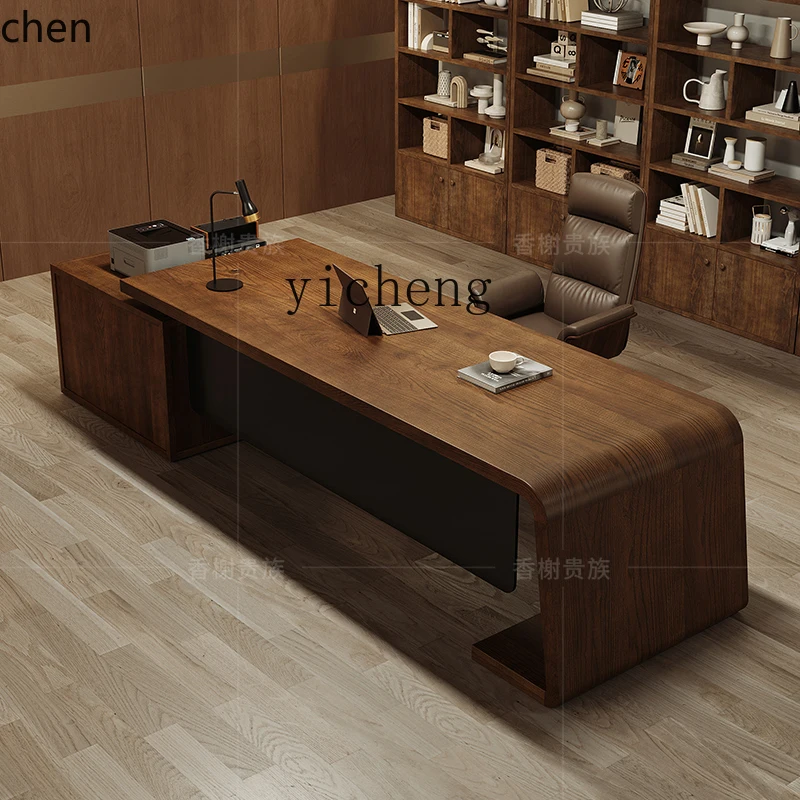 ZMLoffice log large board table office leader pure solid wood large desk boss table with side cabinet