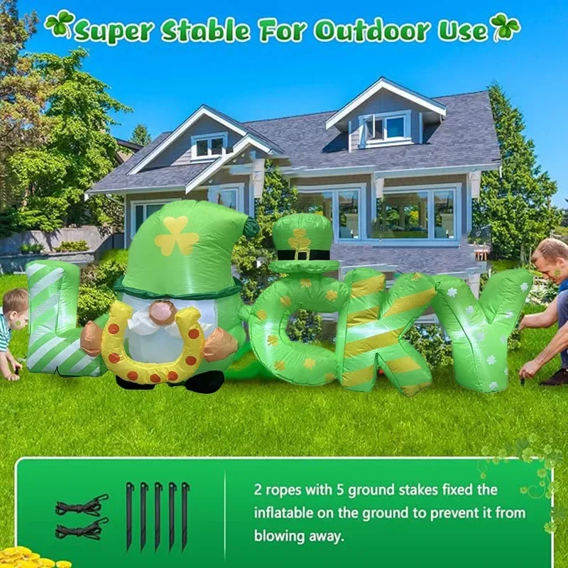 

6FT Inflatable Gnome DecorationLucky Green Shamrock Balloon Set Leprechaun Hat & Gold Coin Ornaments Festive Party Supplie