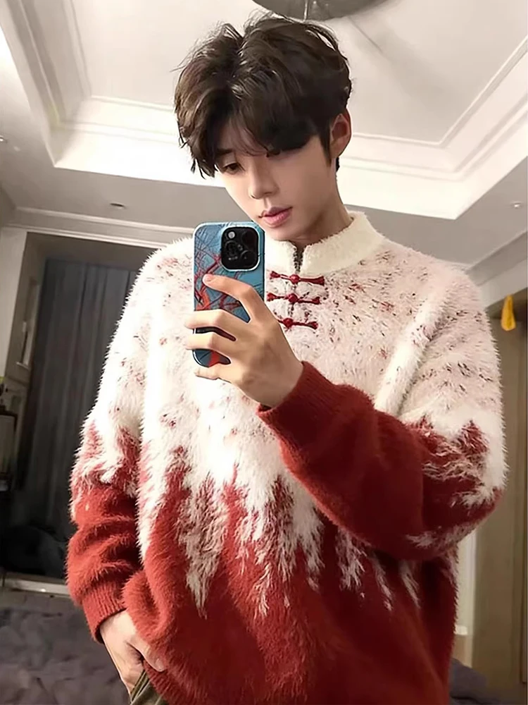 

Мужской вязаный свитер красного цвета с воротником на пуговицах, свободного кроя, удобный, повседневный, для ношения на каждый день