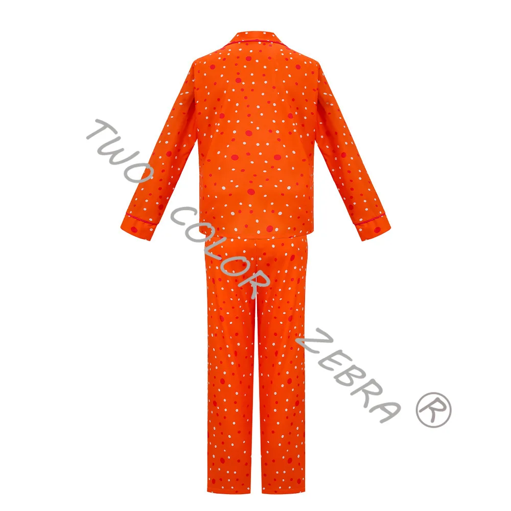 Movie Coraline Cosplay Orange Polka Dot Pajamas Costume Two-Piece Suit and Wig Set for Halloween Roleplay and Pajamas Party