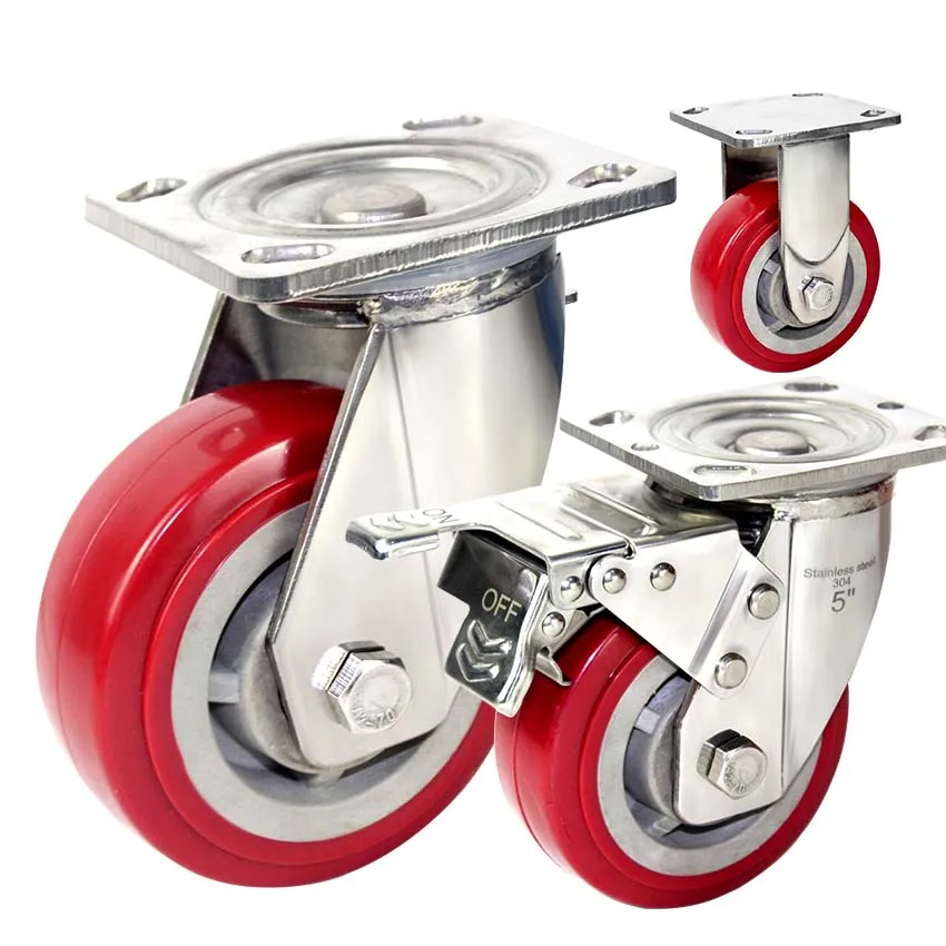 6 inch heavy duty 350kg stianless steel SUS 304  Industrial Castors red Polyurethane  Wheels SUS304 Anti-rust caster wheels