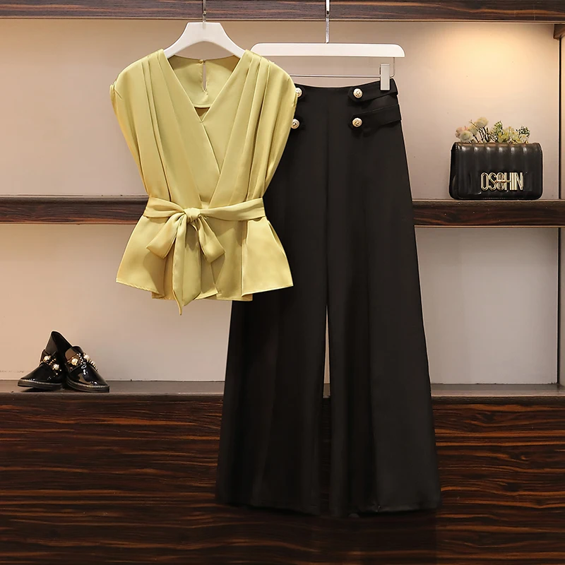 Summer Two-piece Set For Women V Neck Bandage Blouse Tops And Wide Leg Pants Female Large Size Elegant Black White Matching Suit