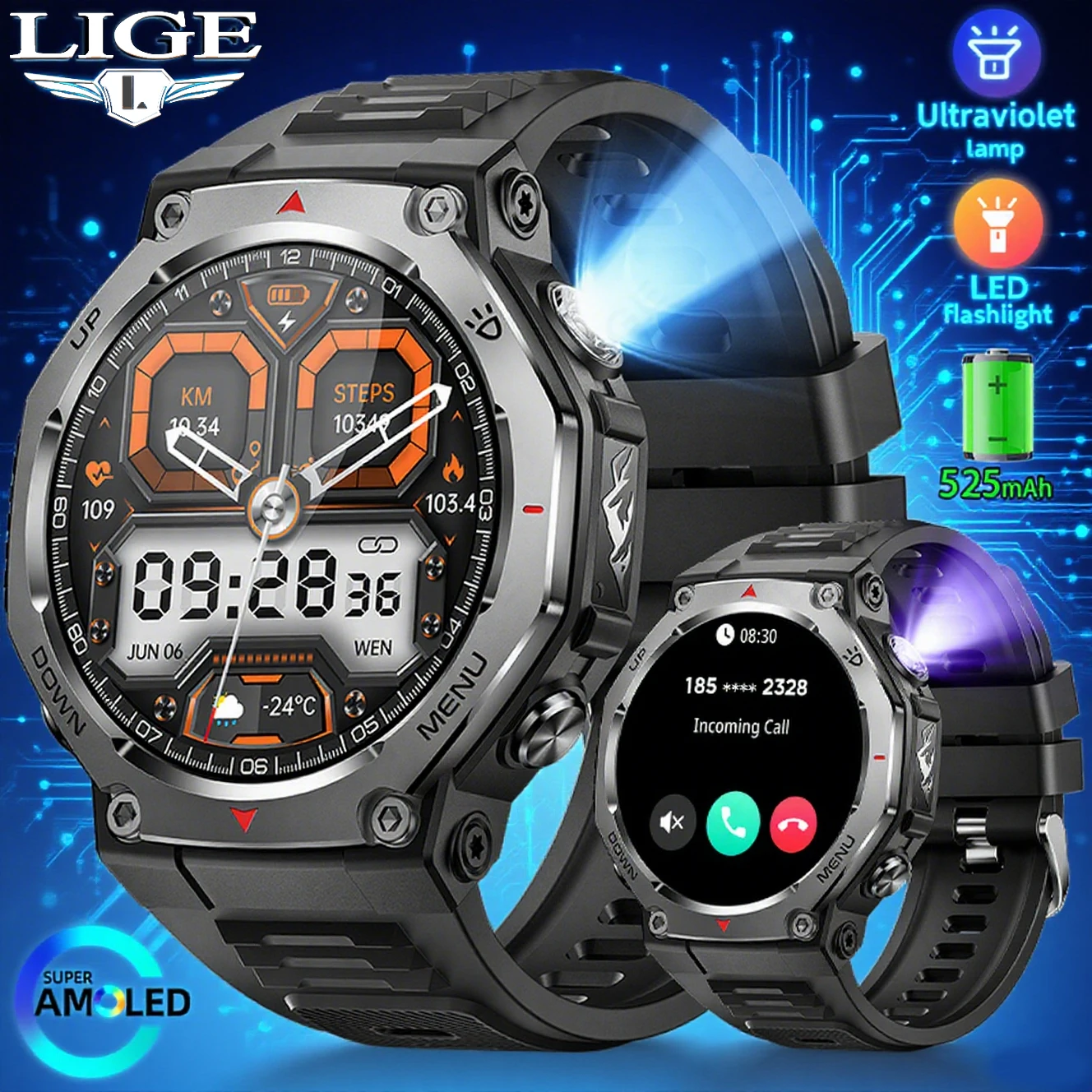 

LIGE Bluetooth Смарт-часы 1,43 дюйма Ультра прозрачный экран с подсветкой Фонарик УФ-фиолетовый свет Смарт-часы Полноэкранные сенсорные часы